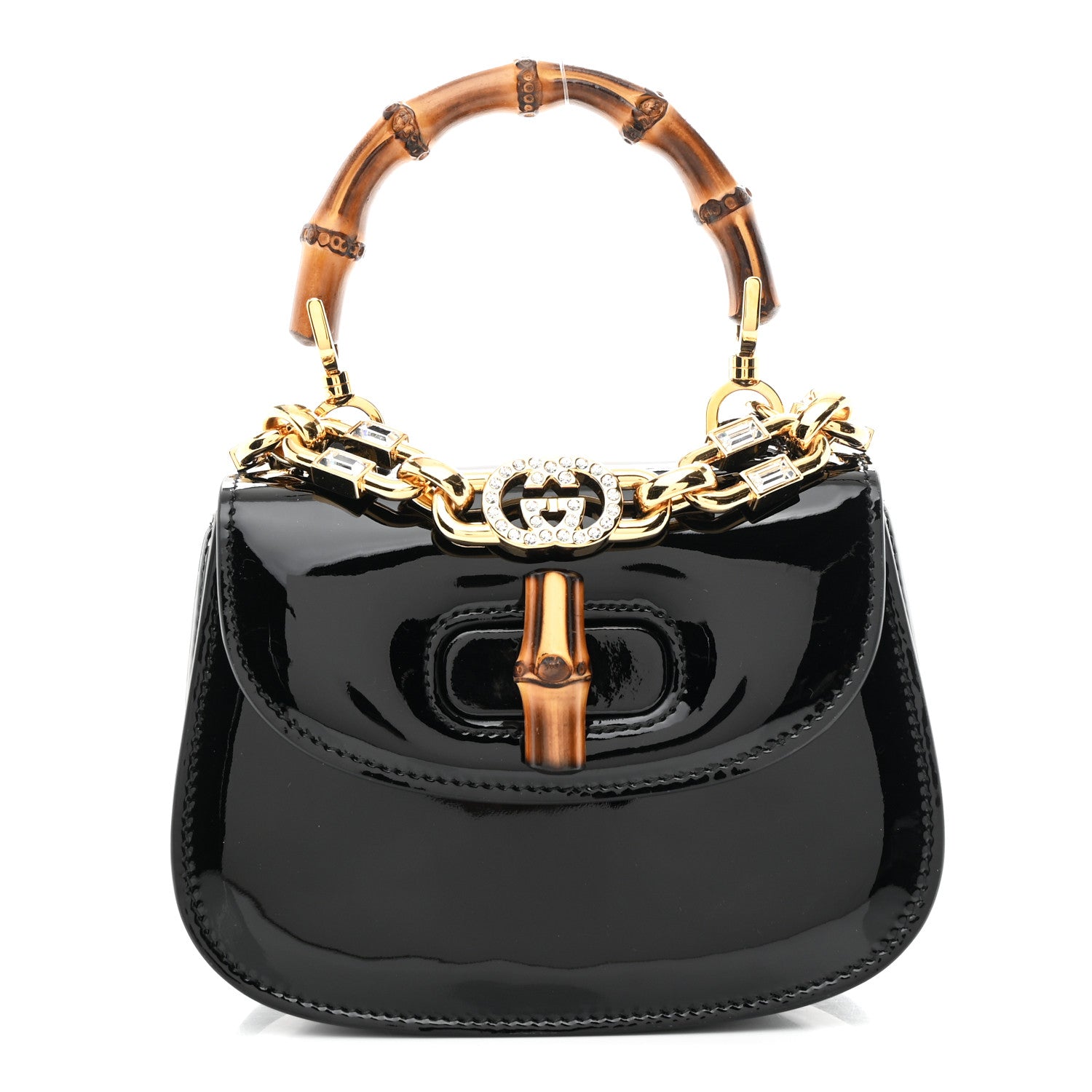 Gucci Patent Crystal Mini Bamboo 1947 Top Handle Chain Bag Black 1 of 10