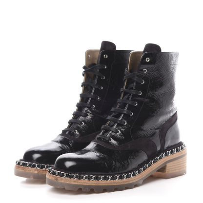 Chanel Patent Lace Up Chain Boots 37 Black 3 of 8