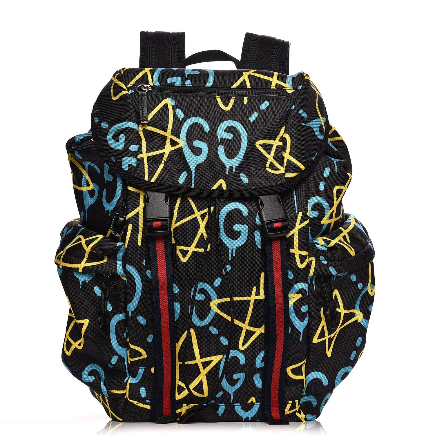 Gucci Techno Canvas GucciGhost Double Buckle Backpack Black New Acquamarine 1 of 7