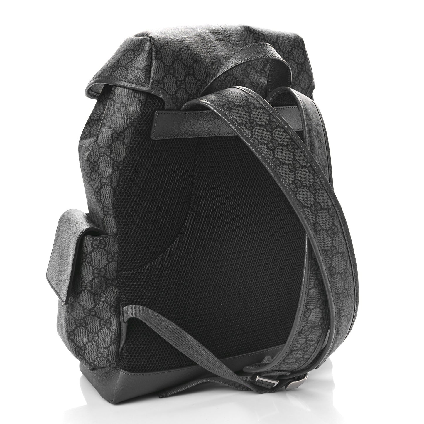 GG Supreme Monogram Textured Dollar Calfskin Medium Ophidia Double Buckle Backpack Grey Black Graphite Grey