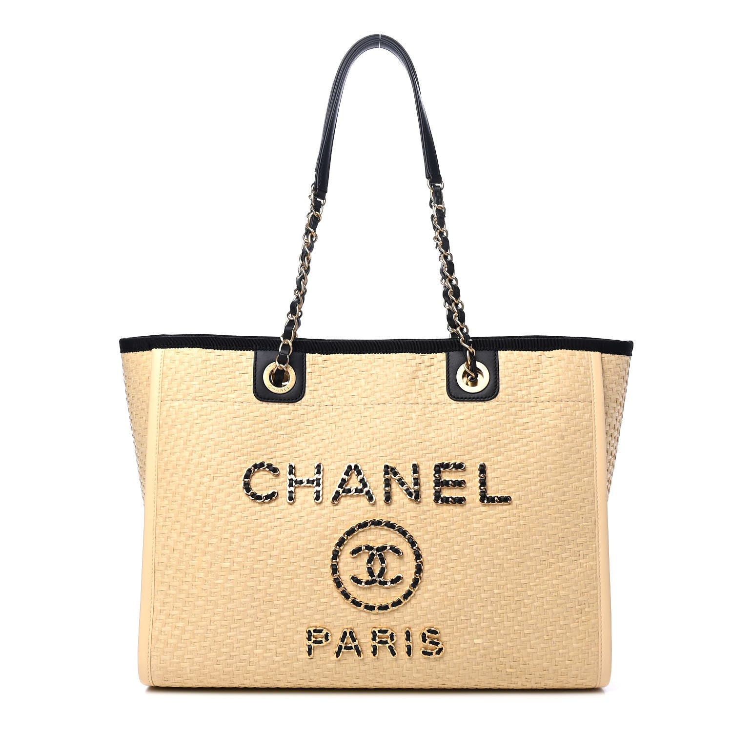 Chanel Straw Raffia Calfskin Chain Small Deauville Tote Beige Black 1 of 4