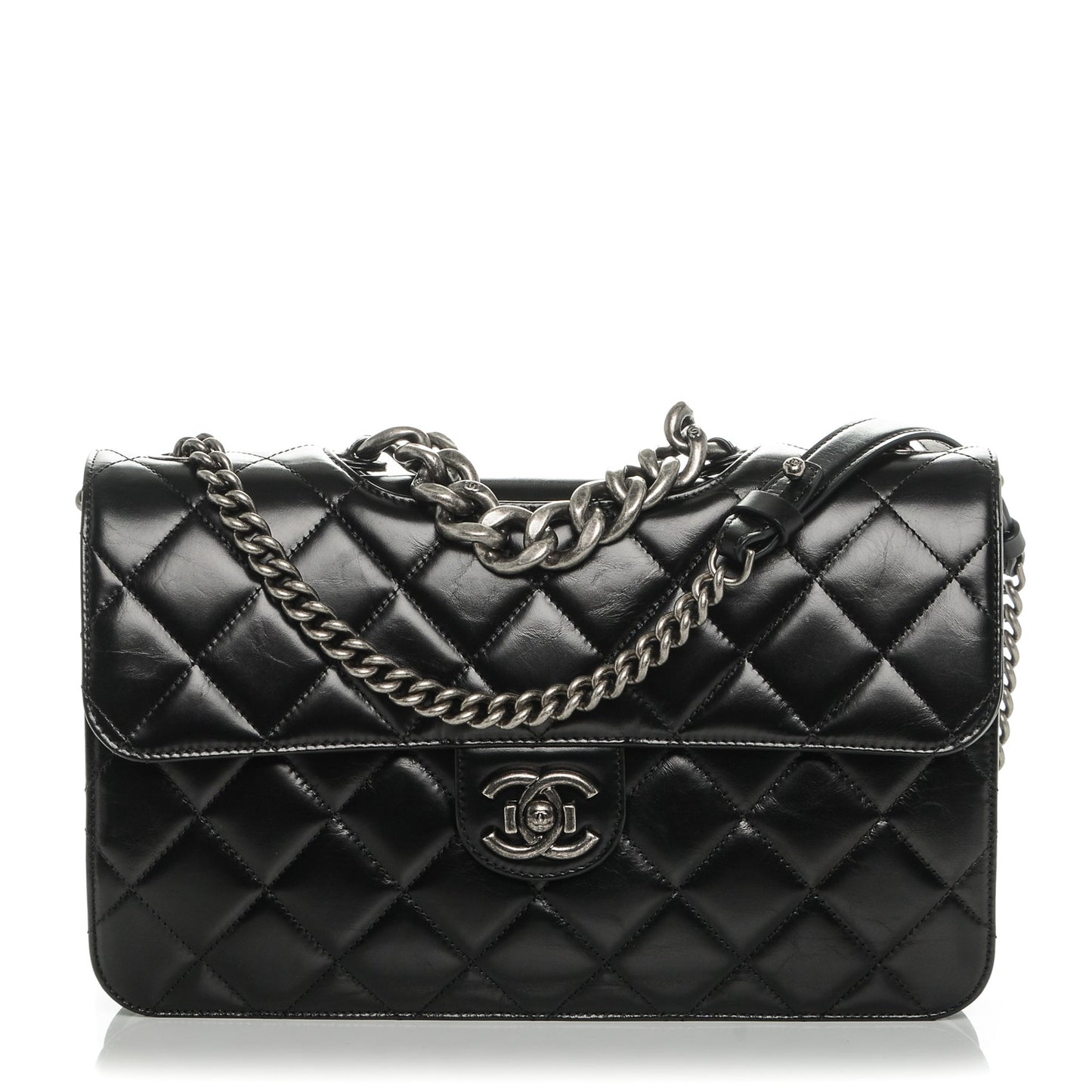 Calfskin Quilted Large Perfect Edge Flap Black
