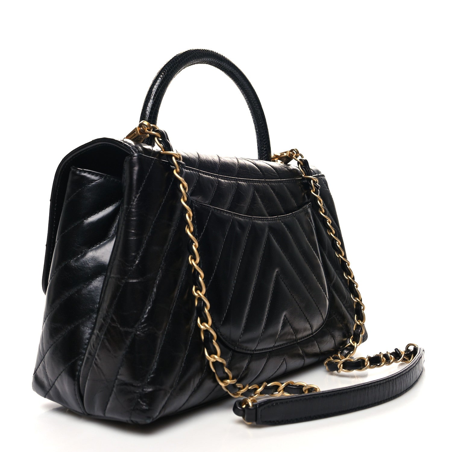 Chanel Calfskin Lizard Chevron Quilted Small Coco Handle Flap Black 3 of 12