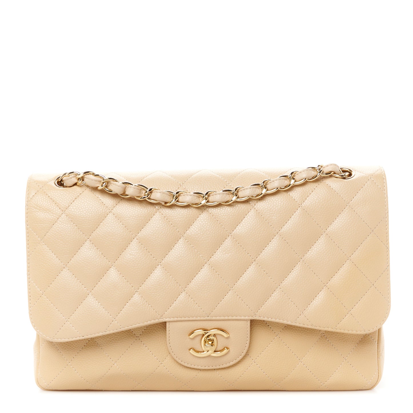 Caviar Quilted Jumbo Double Flap Beige