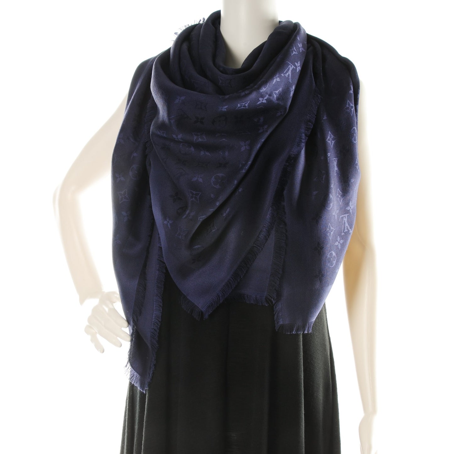 Silk Wool Monogram Shawl Night Blue