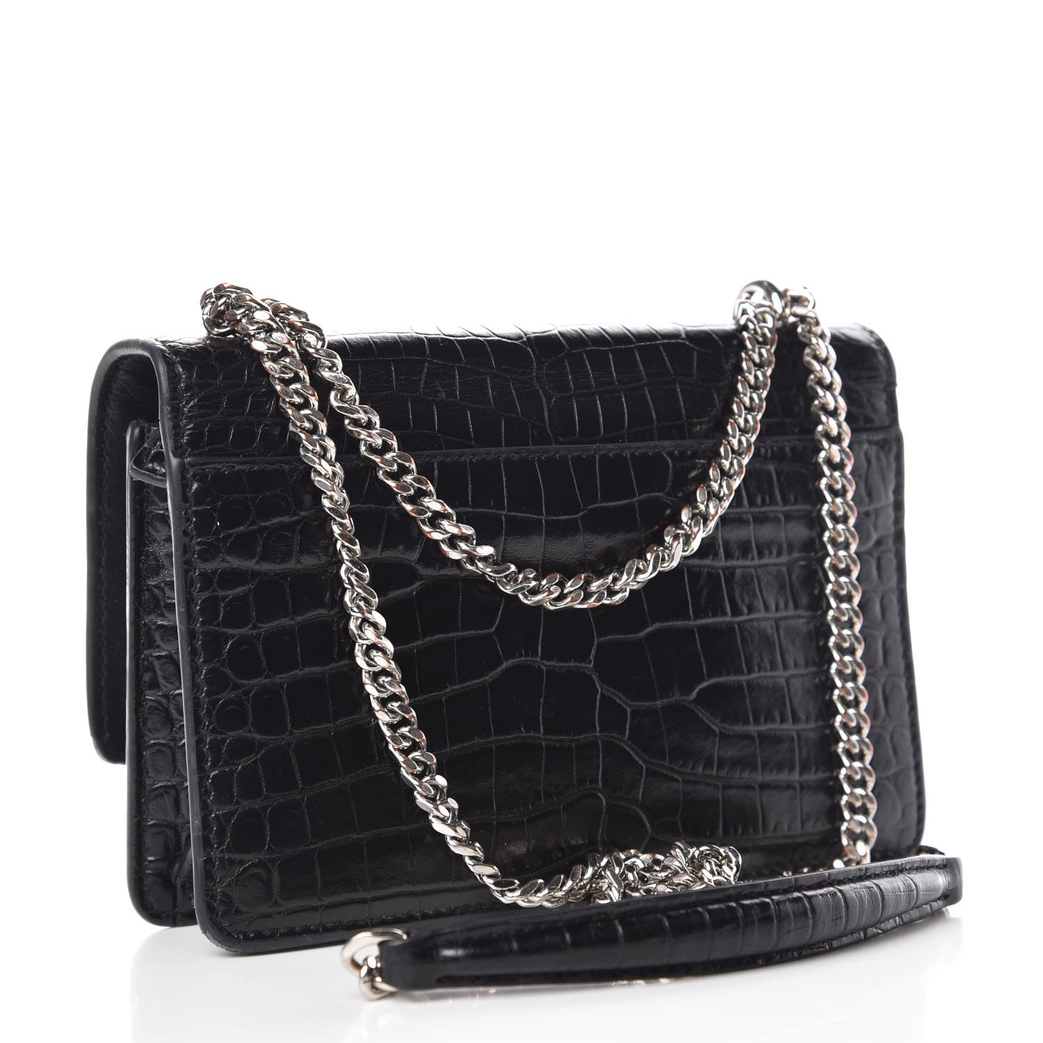 Saint Laurent Calfskin Crocodile Embossed Monogram Sunset Chain Wallet Black 3 of 12