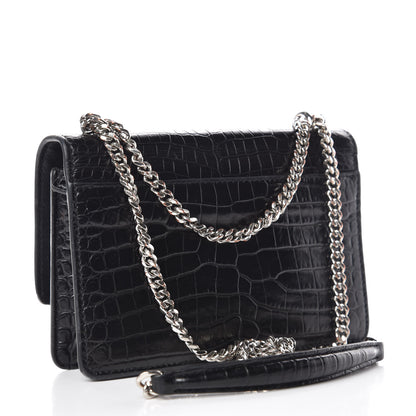 Saint Laurent Calfskin Crocodile Embossed Monogram Sunset Chain Wallet Black 3 of 12