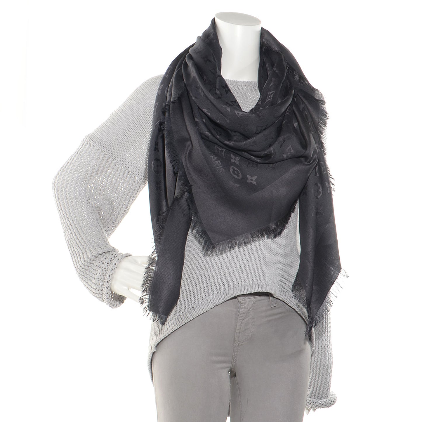 Wool Silk Monogram Shawl Anthracite