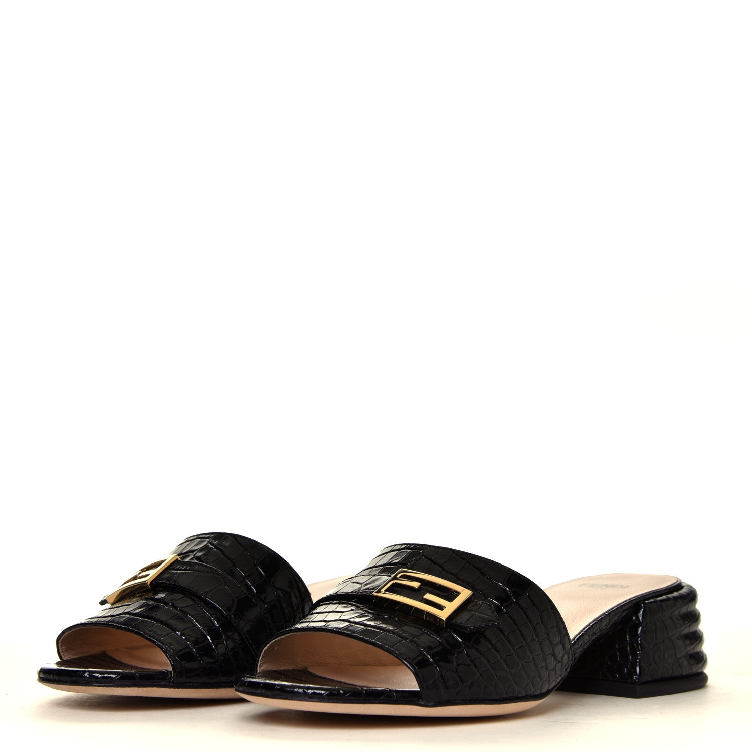 Fendi Calfskin Crocodile Embossed FF Promenade Slide Sandals 35 Black 2 of 6