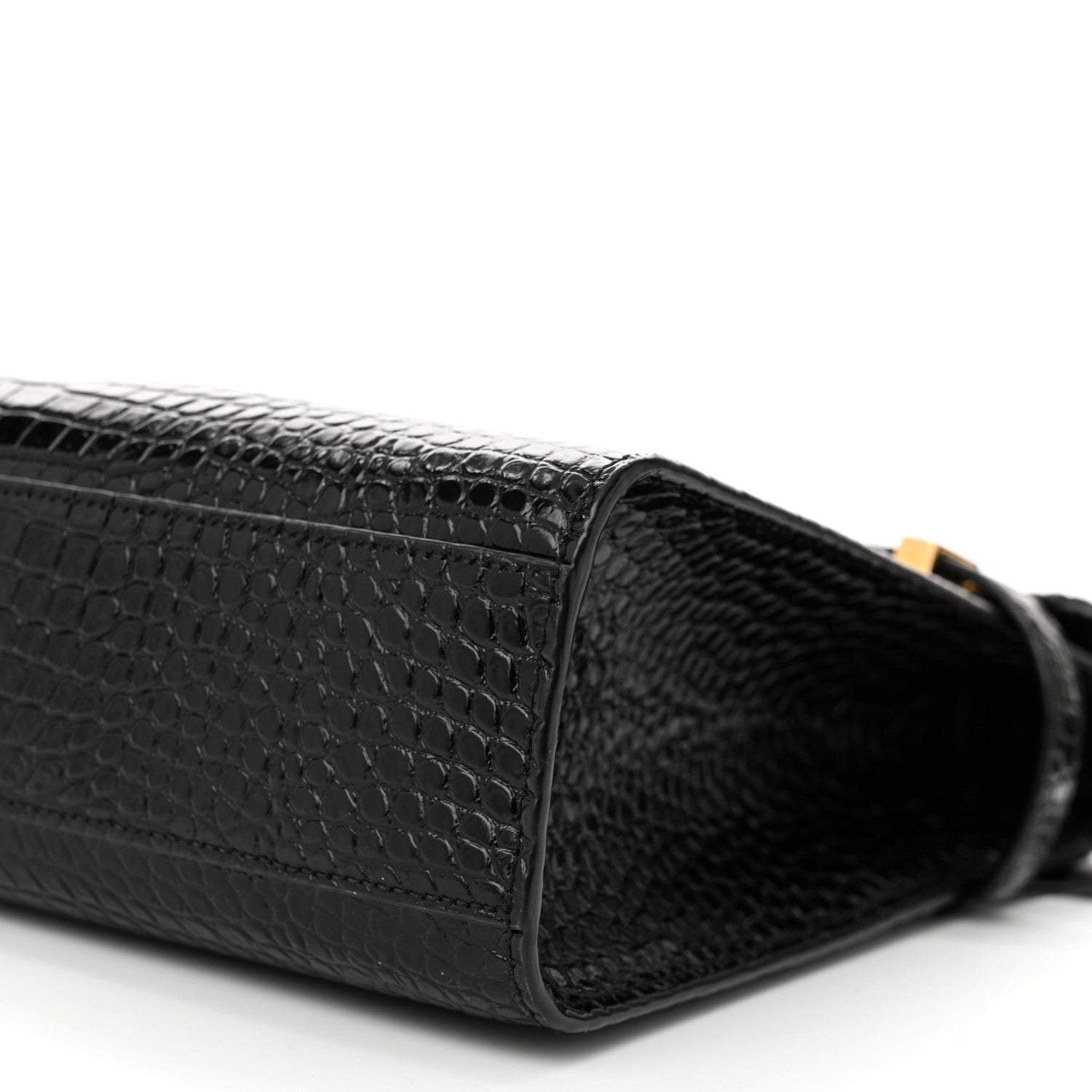 Saint Laurent Shiny Calfskin Crocodile Embossed Manhattan Baguette Black 9 of 9