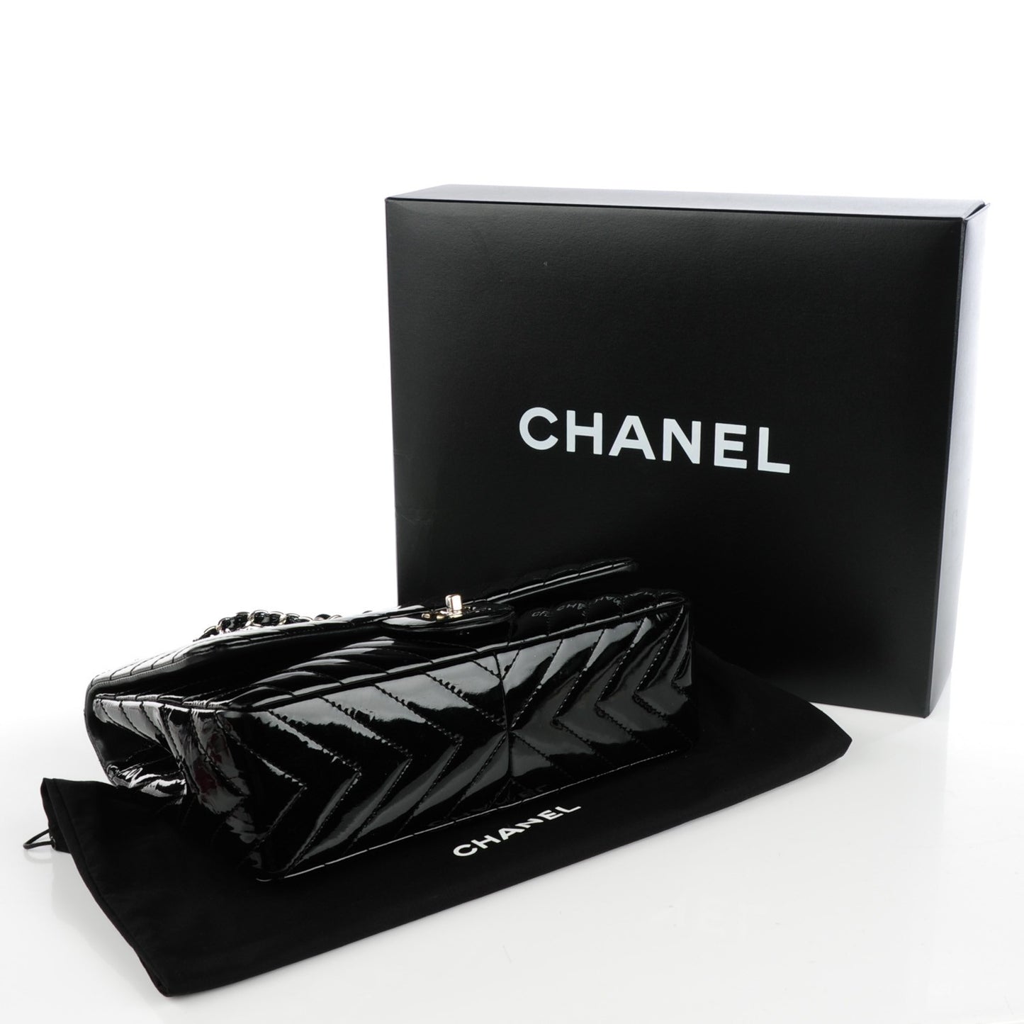 Patent Chevron Quilted Jumbo Single Flap Black