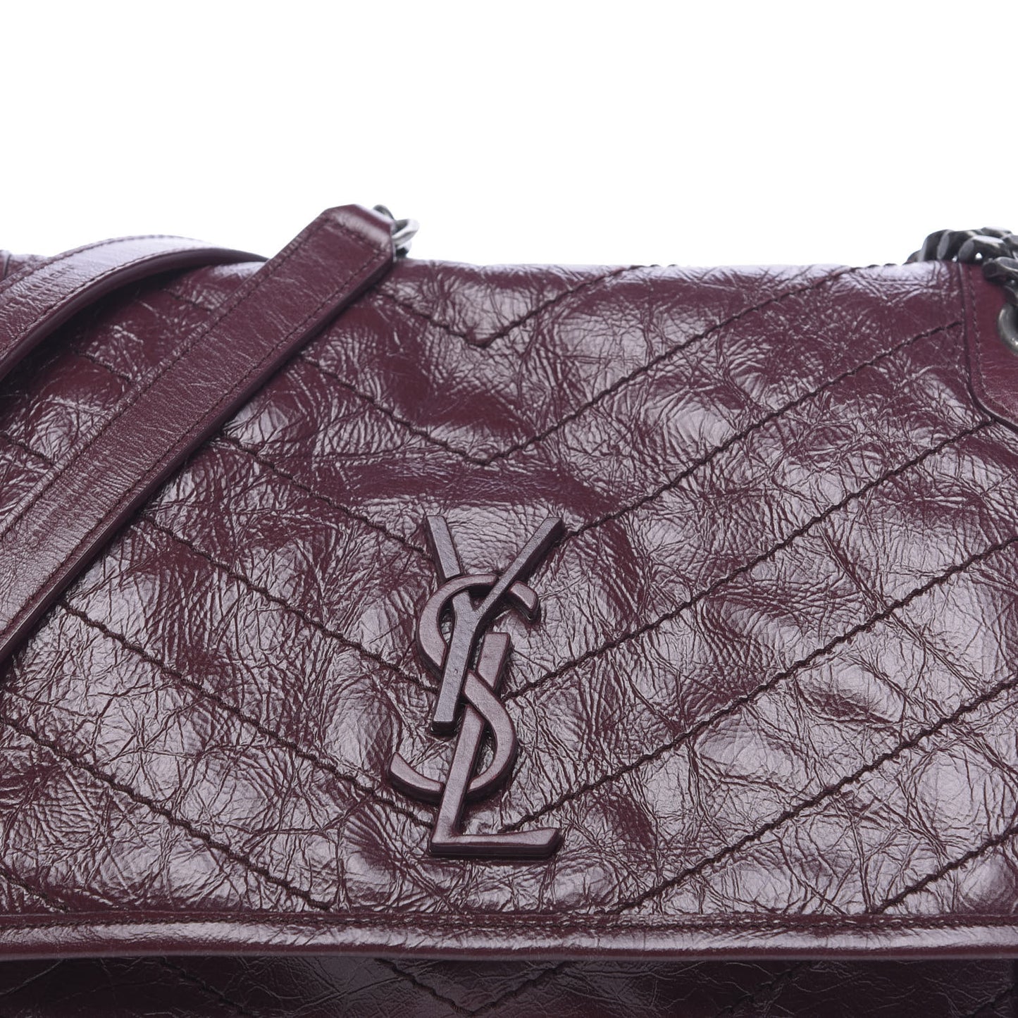 Crinkled Calfskin Matelasse Monogram Medium Niki Chain Satchel Burgundy