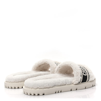 Christian Dior Shearling Canvas Embroidered Dway 10mm Slide Sandals 39 Natural Deep Blue 4 of 8