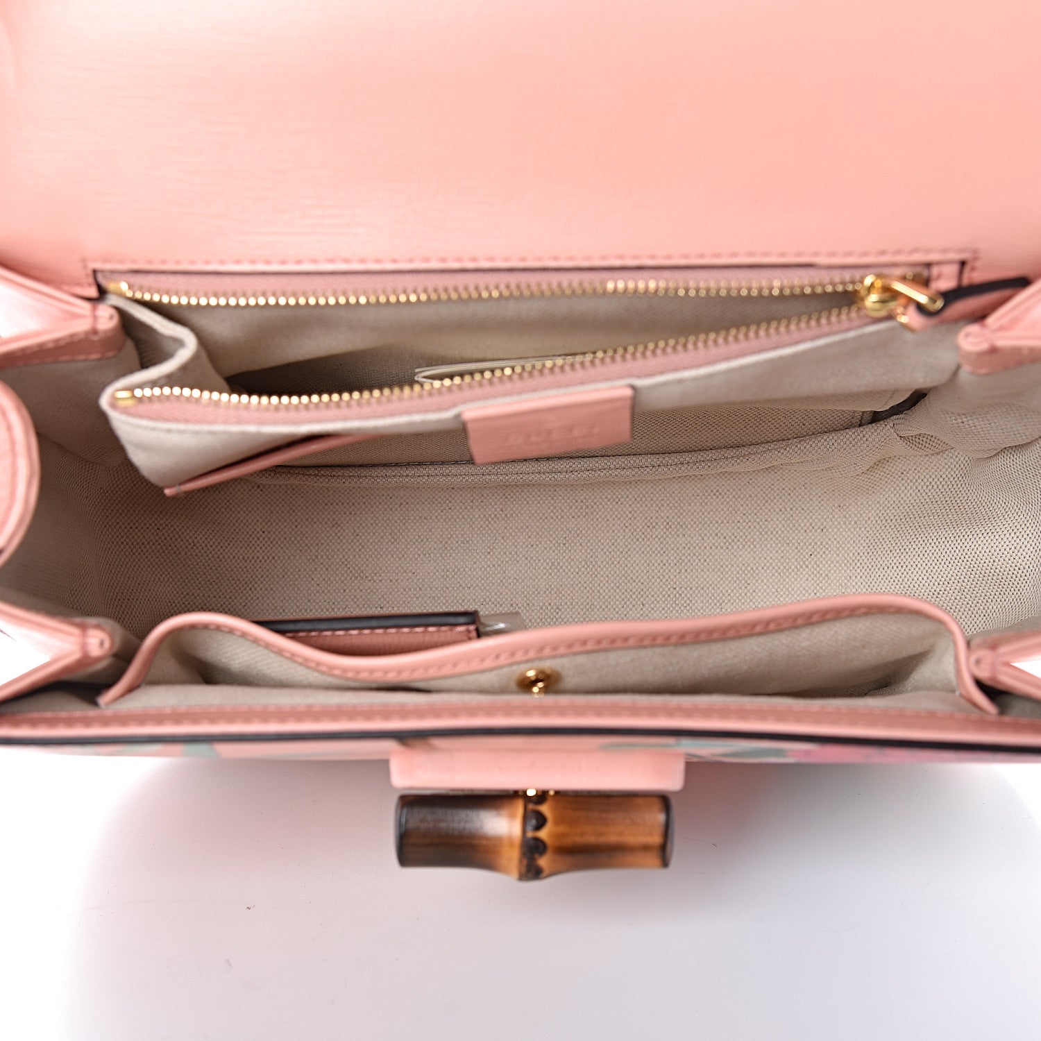 Gucci Shangai Calfskin Tian Print Small Classic Bamboo Top Handle Bag Pink Apricot Multicolor 5 of 9