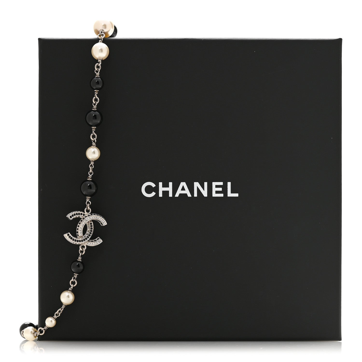 Chanel Metal Pearl Bead Crystal CC Necklace Silver Black 6 of 6