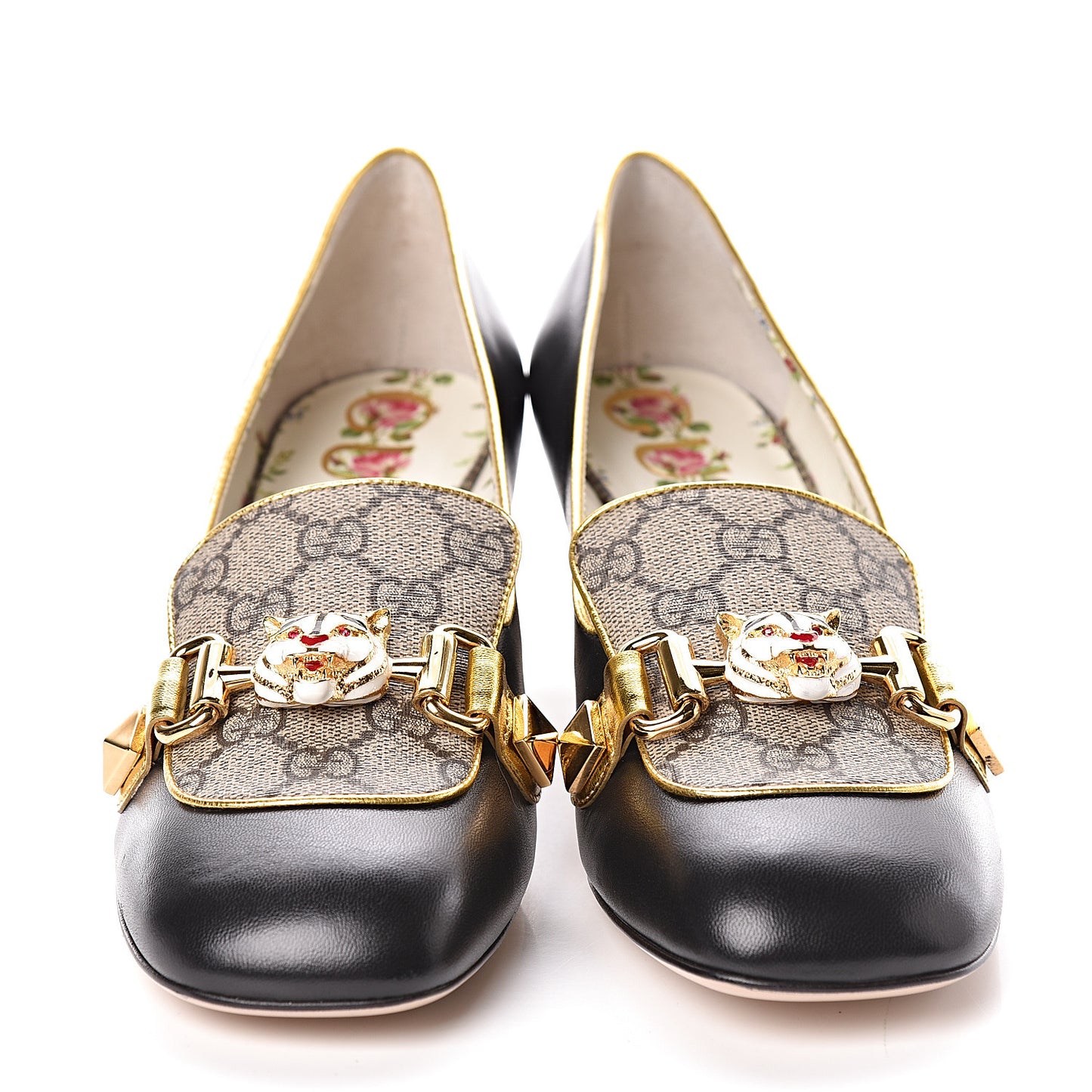 Malaga Kid Nappa GG Supreme Monogram Tiger Head Mid Heel Loafer Pumps 38.5 Black Oro Vecchio Beige