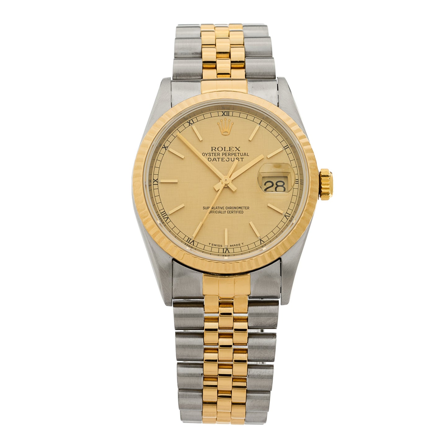 Stainless Steel 18K Yellow Gold 36mm Oyster Perpetual Datejust Watch Champagne Linen 16233