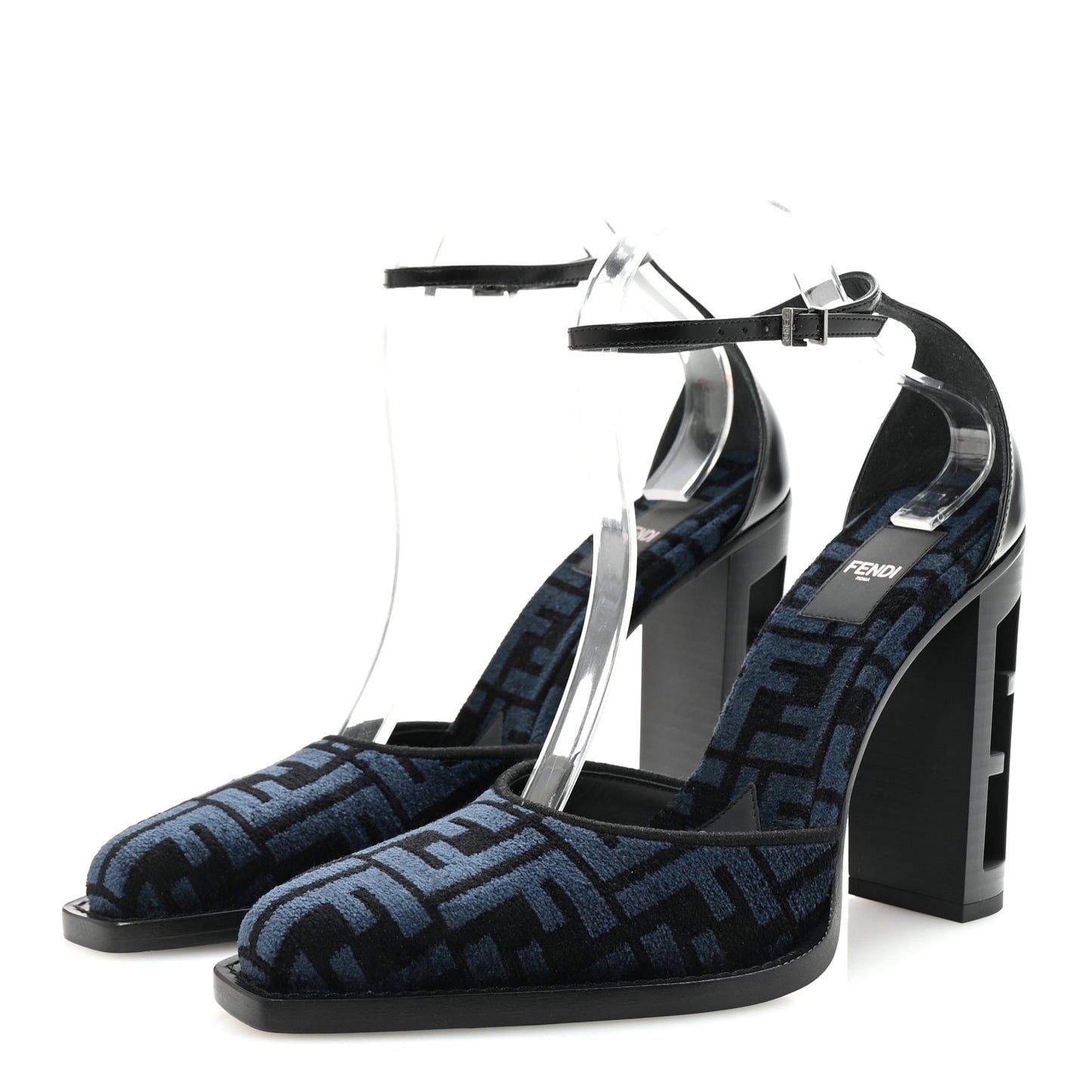 Chenille Jacquard FF Cut Baguette Ankle Strap 105mm Pumps 39.5 Black Blue