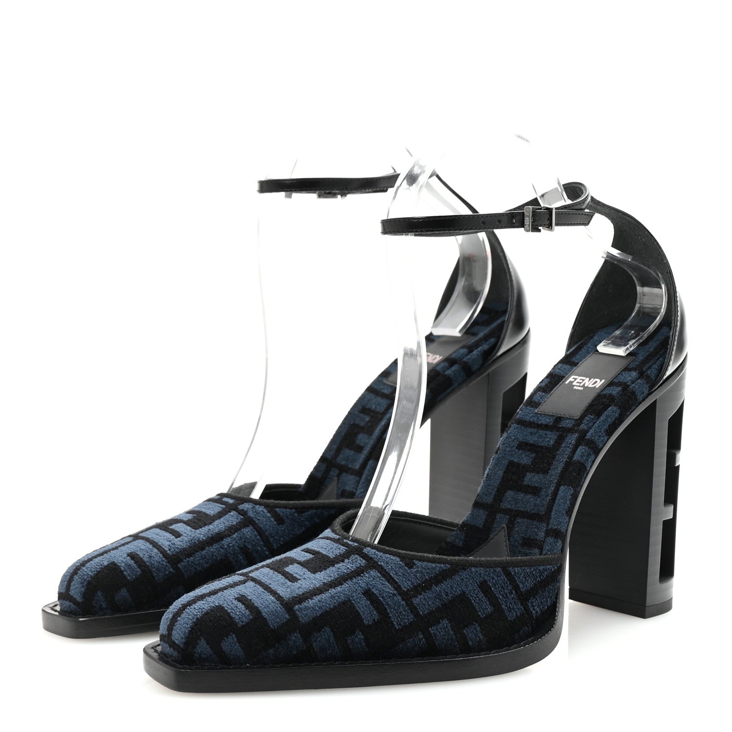 Fendi Chenille Jacquard FF Cut Baguette Ankle Strap 105mm Pumps 39.5 Black Blue 4 of 9