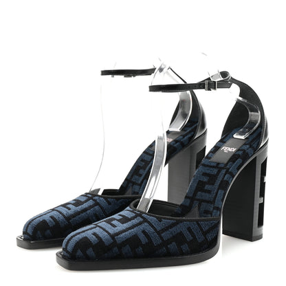 Fendi Chenille Jacquard FF Cut Baguette Ankle Strap 105mm Pumps 39.5 Black Blue 4 of 9