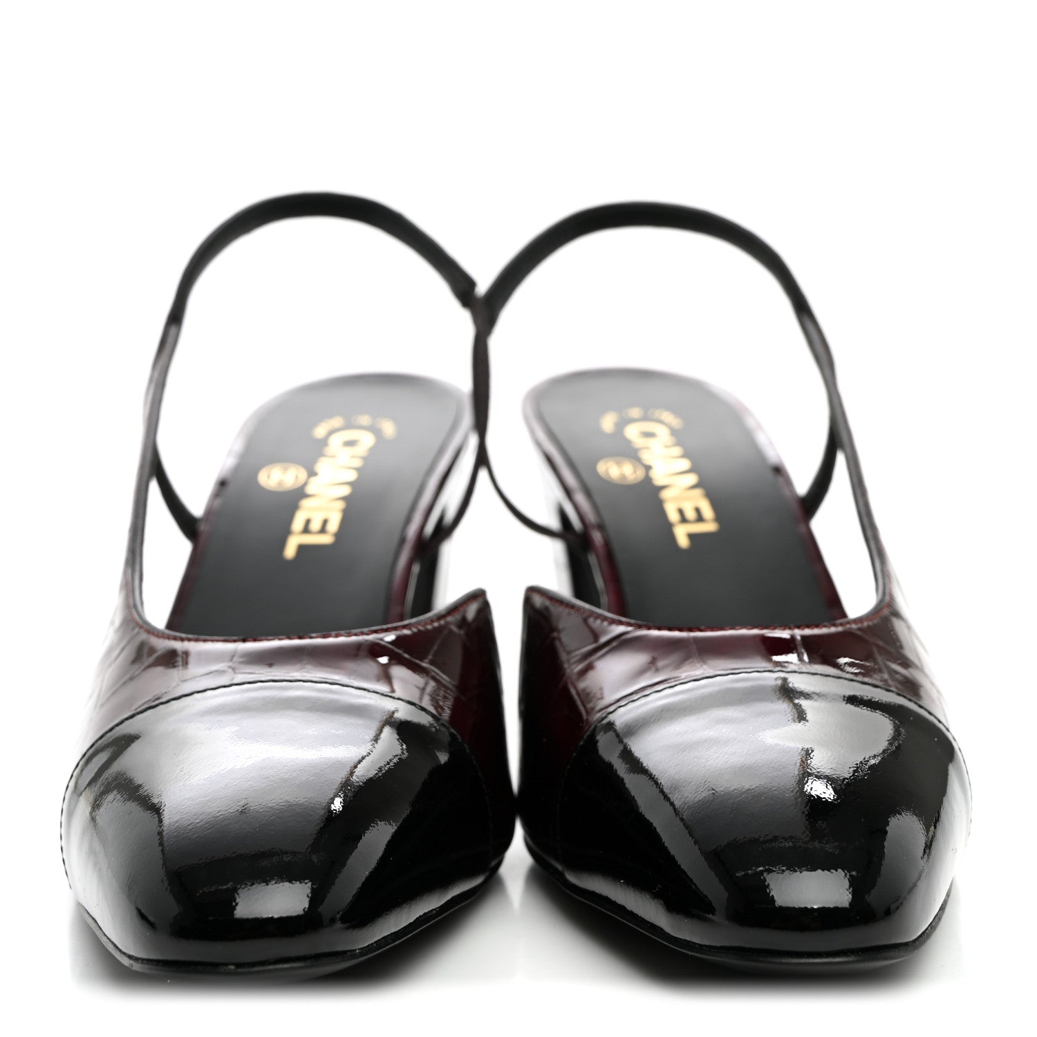 Chanel Patent Calfskin Crocodile Embossed Cap Toe CC Slingback Pumps 41 Dark Burgundy Black 2 of 10