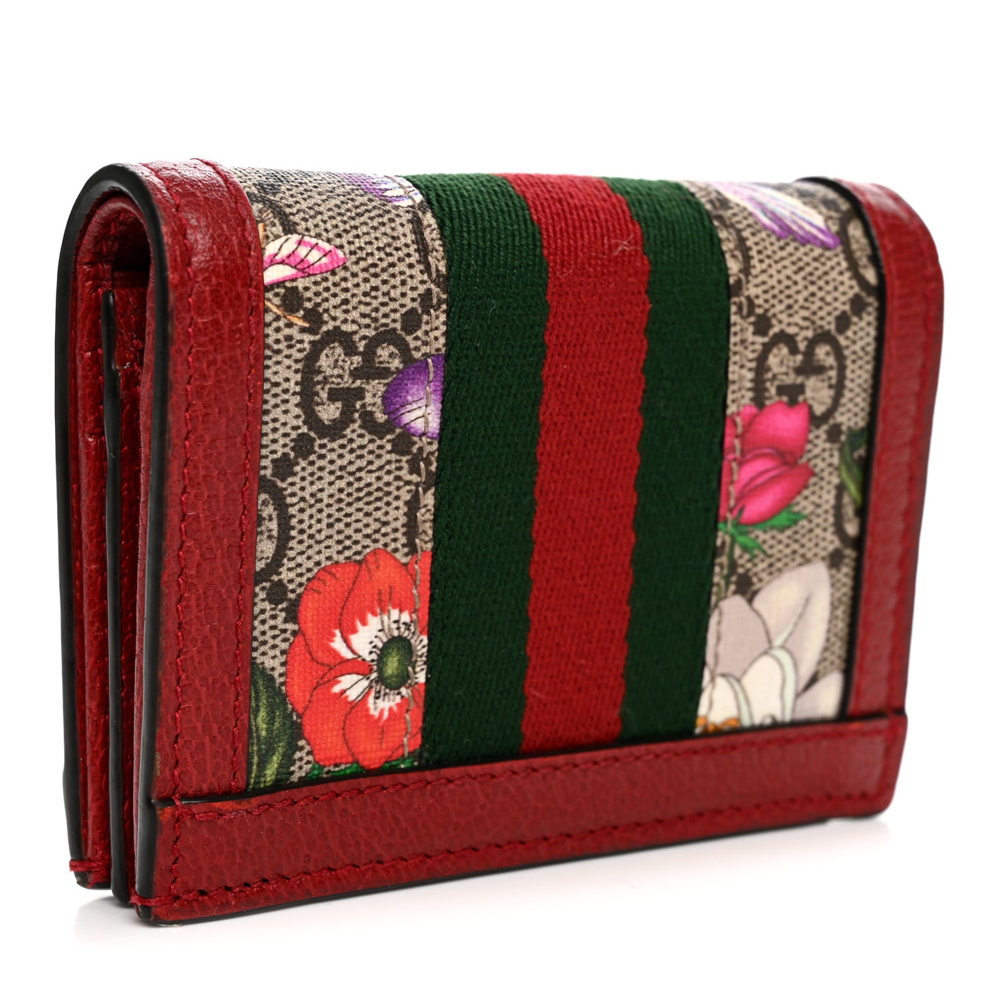 GG Supreme Monogram Flora Web Ophidia Card Case Red