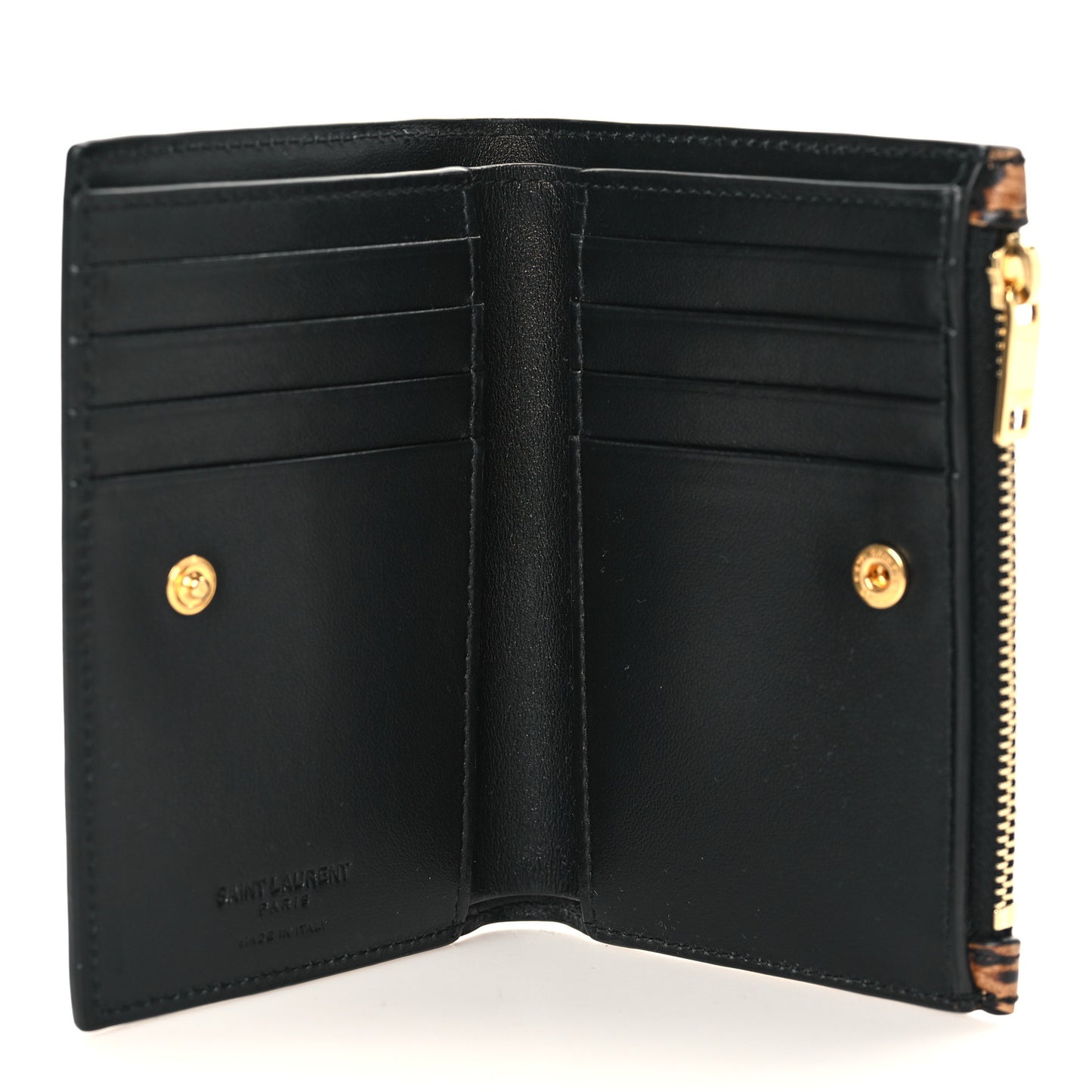 Calfskin Leopard Printed Monogram Bi-Fold Zipped Wallet Black