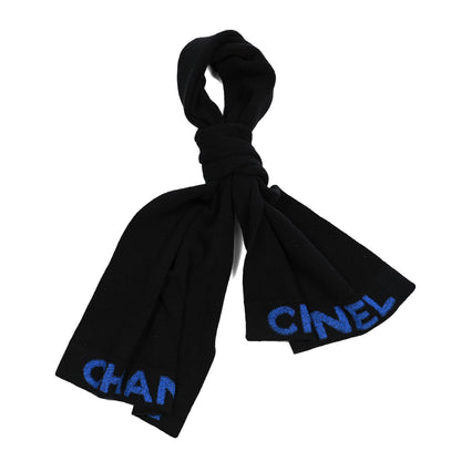 Chanel Cashmere Wool Logo Scarf Black Blue 1 of 4