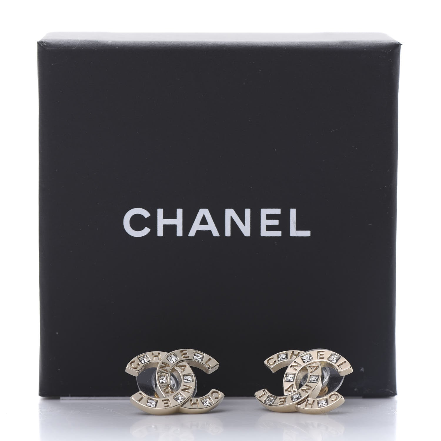Chanel Crystal Metal CC Paris Button Stud Earrings Gold