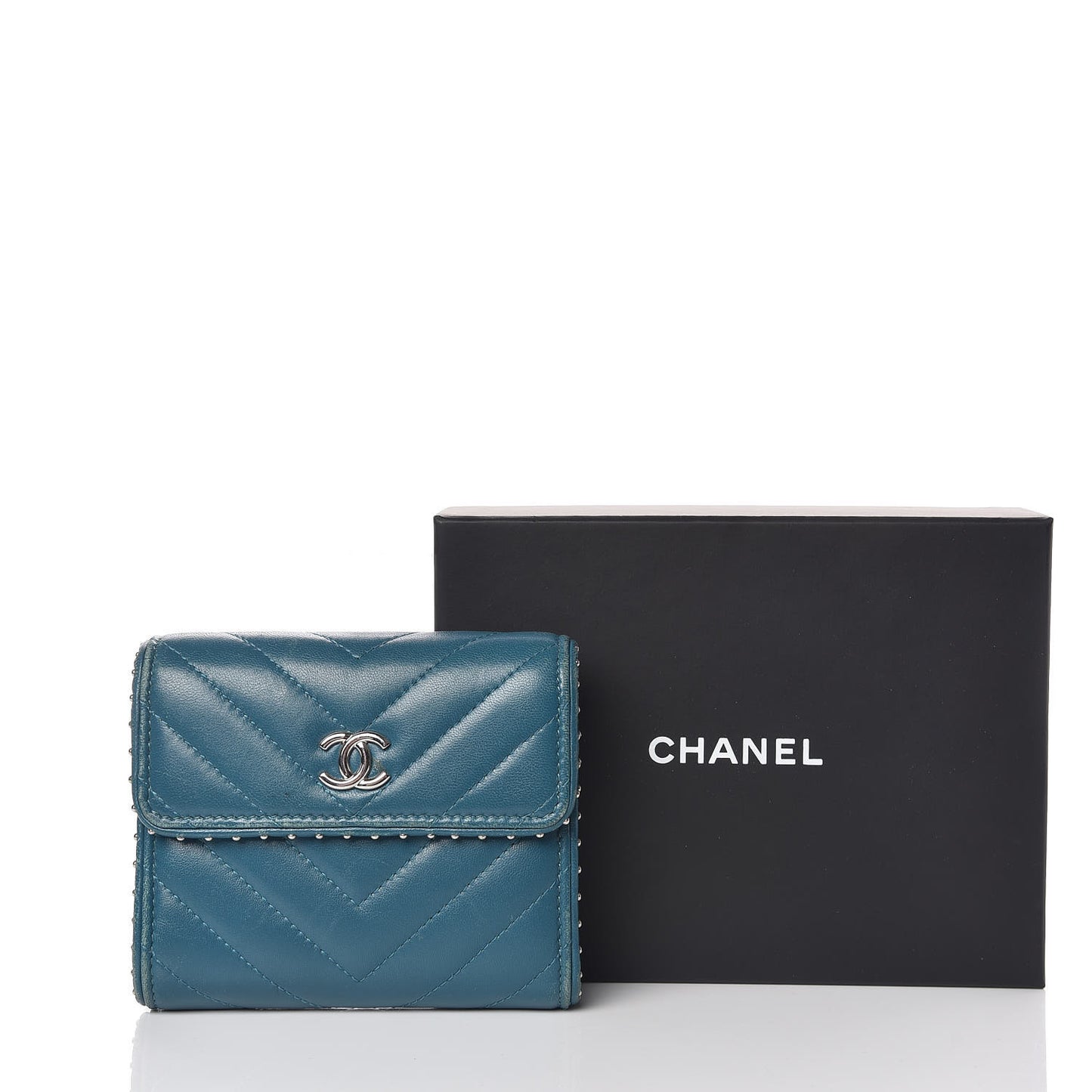 Lambskin Chevron Quilted Studded Compact Flap Wallet Blue