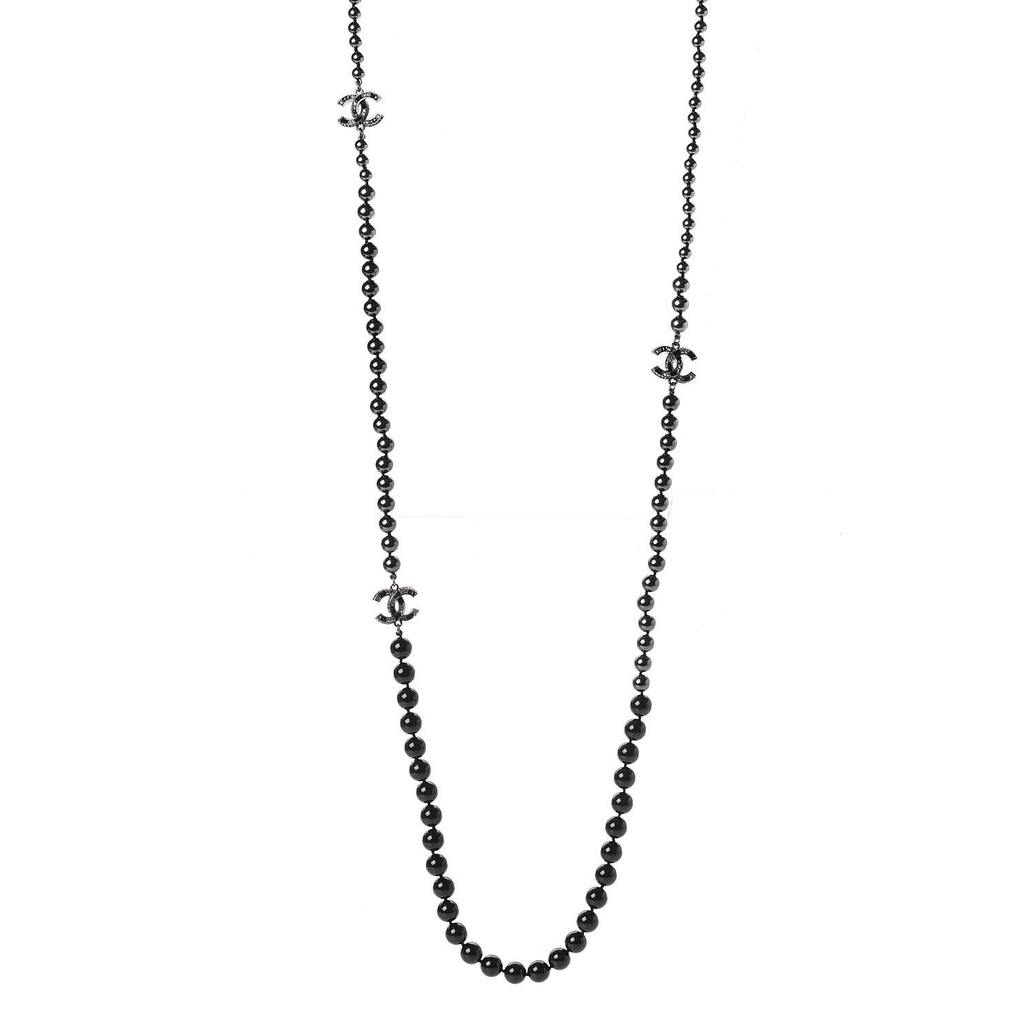 Chanel Ruthenium Crystal Baguette Pearl Beaded CC Long Necklace Black Grey 1 of 6