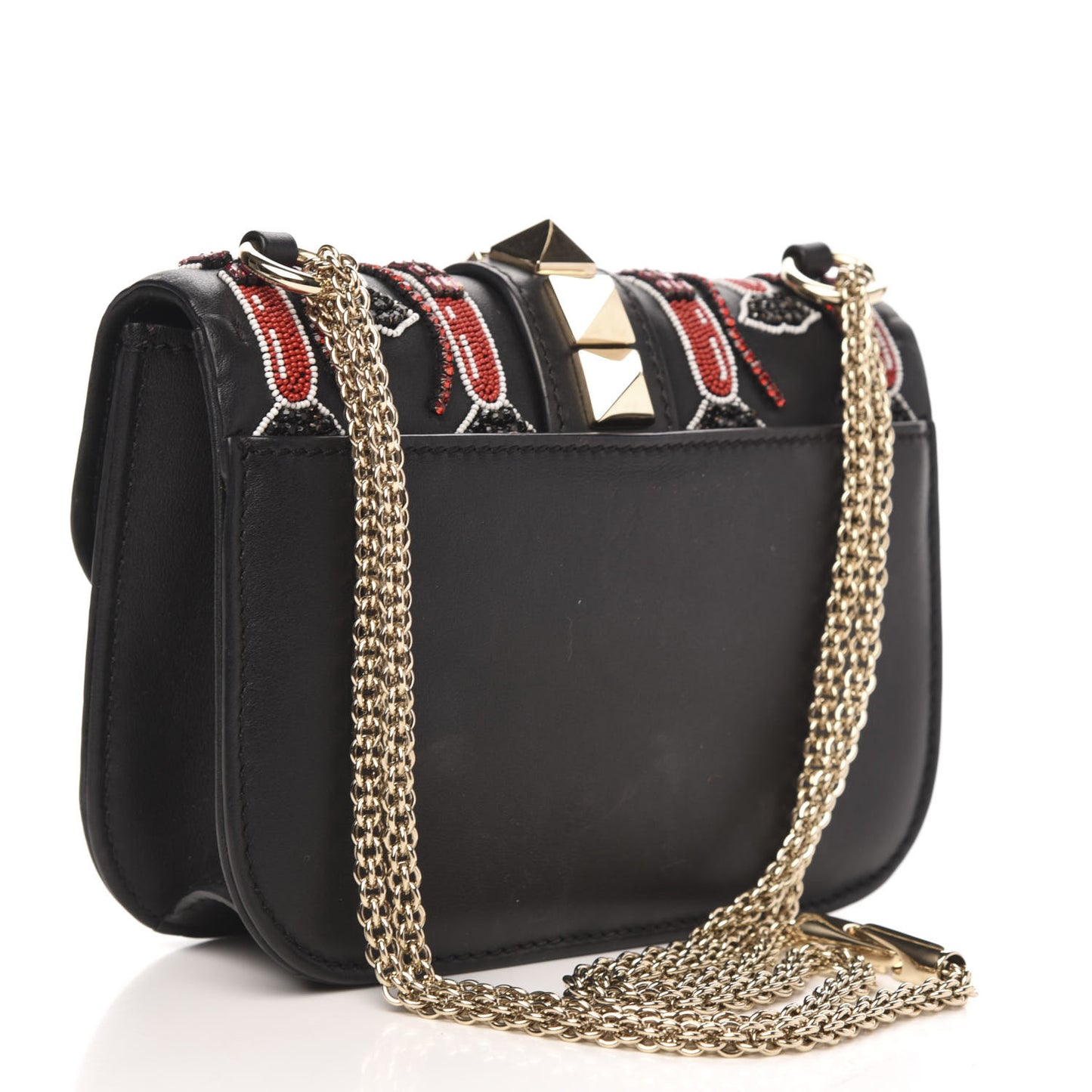 Vitello Crystal Lipstick Embellished Small Glam Lock Rockstud Flap Black