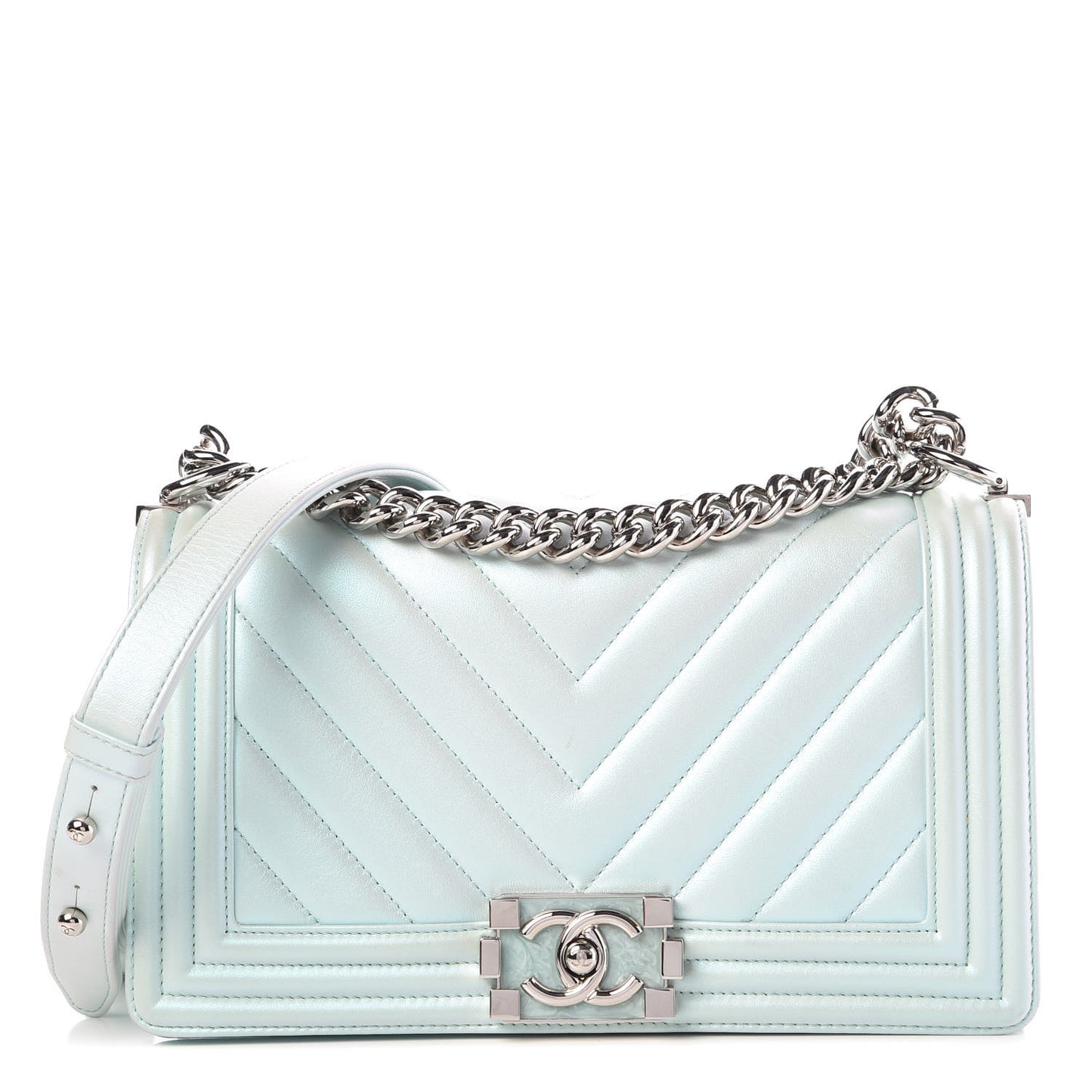 Iridescent Lambskin Chevron Quilted Medium Boy Flap Turquoise