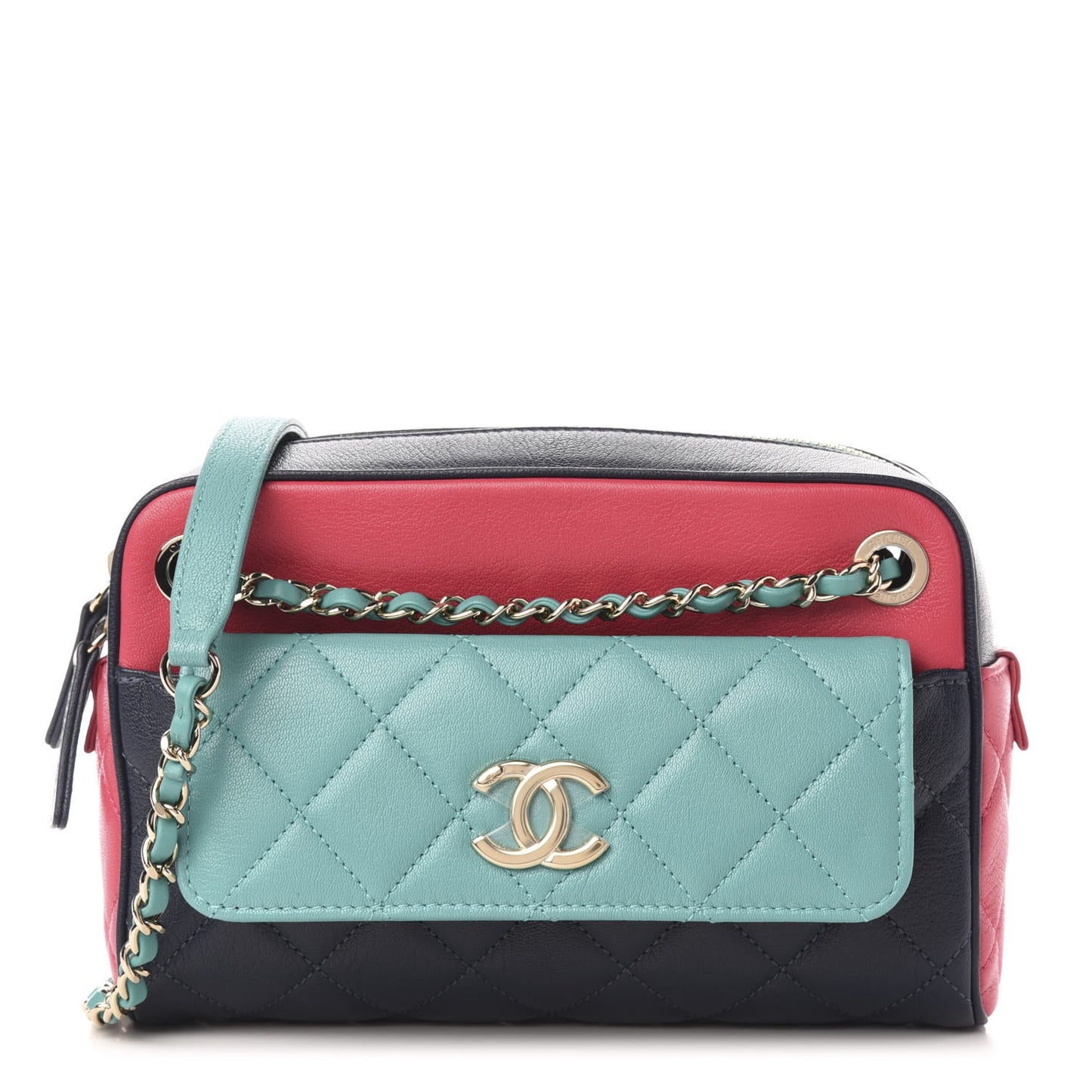 Goatskin Quilted Tri-Color Small In & Out Camera Case Navy Turquoise Pink