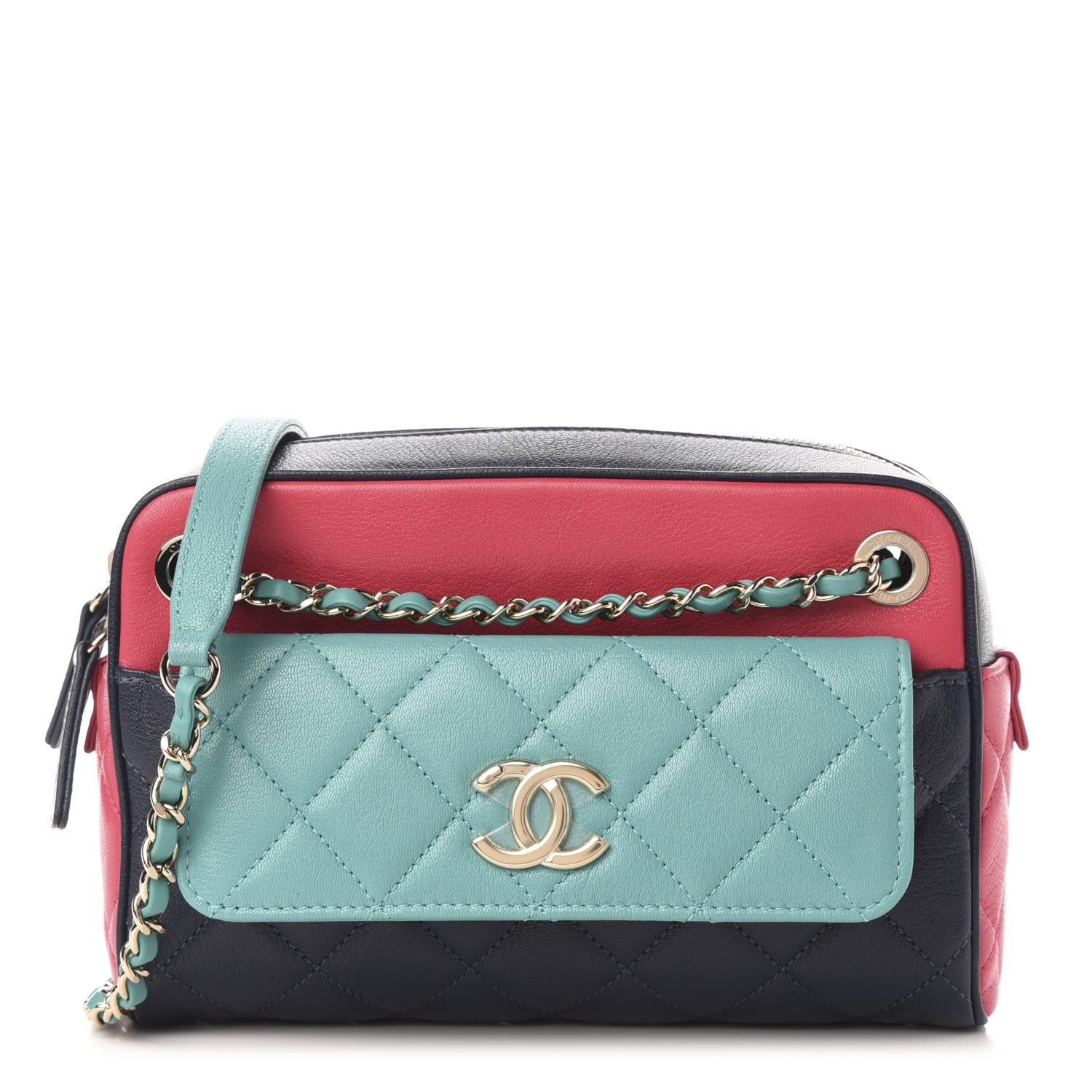 Chanel Goatskin Quilted Tri-Color Small In & Out Camera Case Navy Turquoise Pink 1 of 13