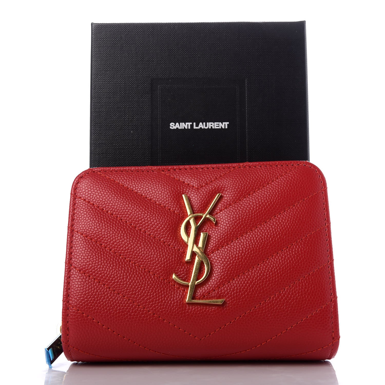 Saint Laurent Grain De Poudre Matelasse Chevron Monogram Compact Zip Around Wallet New Red 7 of 7