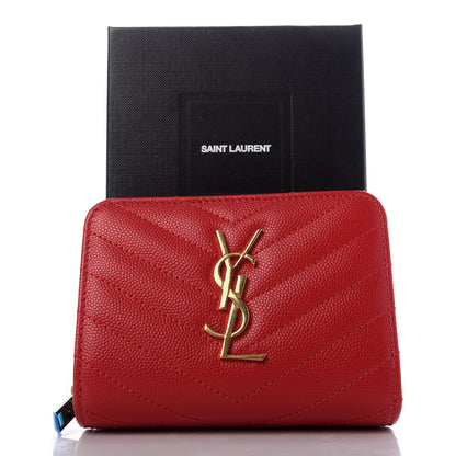 Saint Laurent Grain De Poudre Matelasse Chevron Monogram Compact Zip Around Wallet New Red 7 of 7
