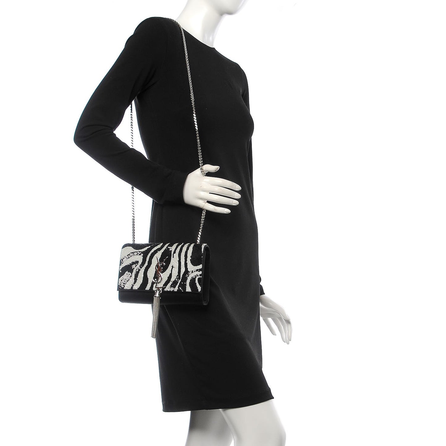 Satin Sequin Zebra Small Monogram Kate Tassel Satchel Black White