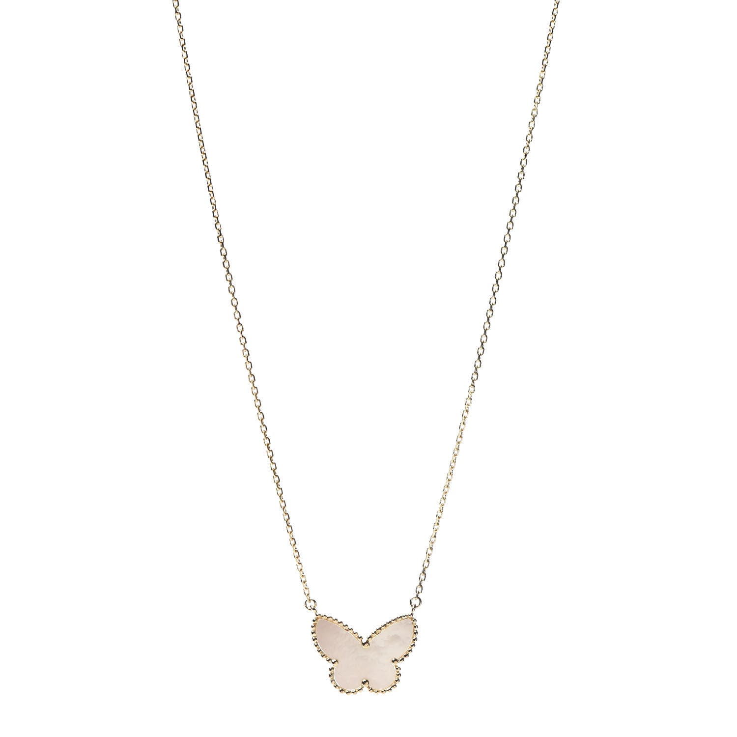 Van Cleef & Arpels 18K Yellow Gold Mother of Pearl Lucky Alhambra Butterfly Pendant Necklace 1 of 4