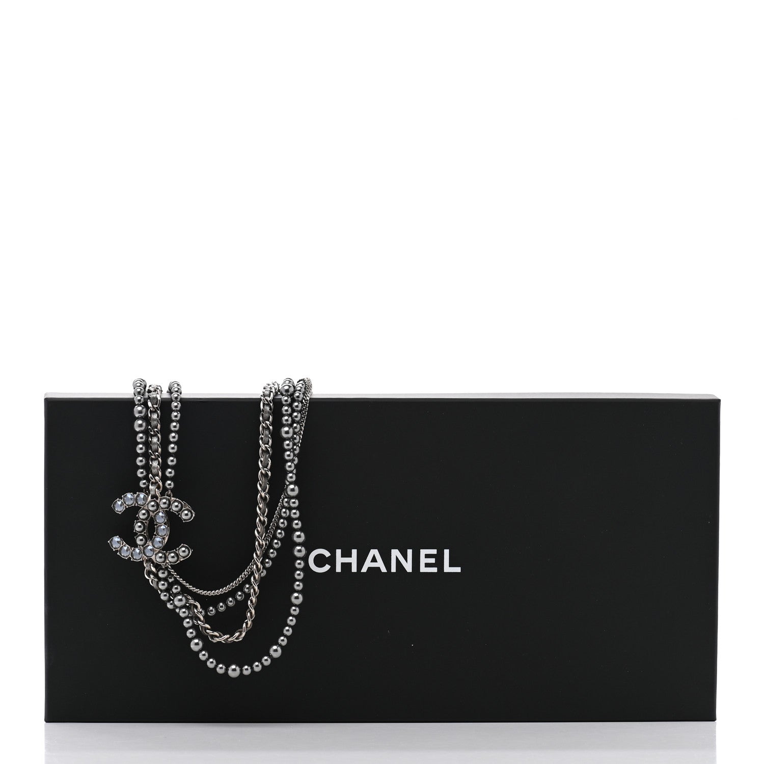 Chanel Crystal Pearl Lambskin CC Multi Strand Necklace Grey Silver 7 of 7