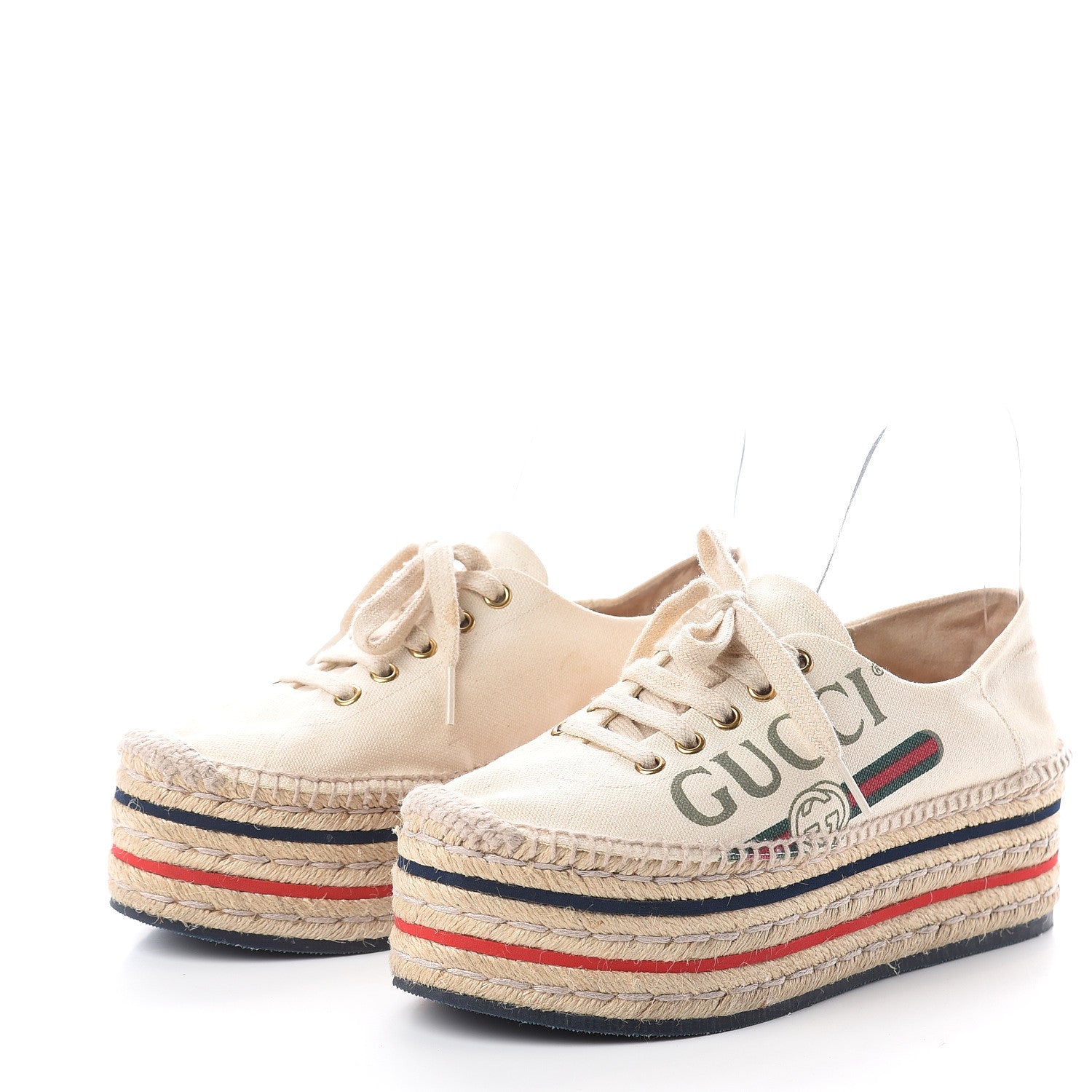 Gucci Canvas Logo Lace-Up Platform Espadrilles 37.5 Greggio Grege 3 of 7