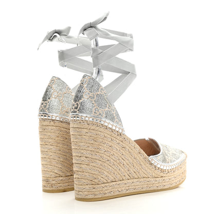 Gucci Lame GG Monogram Ankle Wrap Platform Espadrille Wedges 40 Silver Beige Light Grey 4 of 9