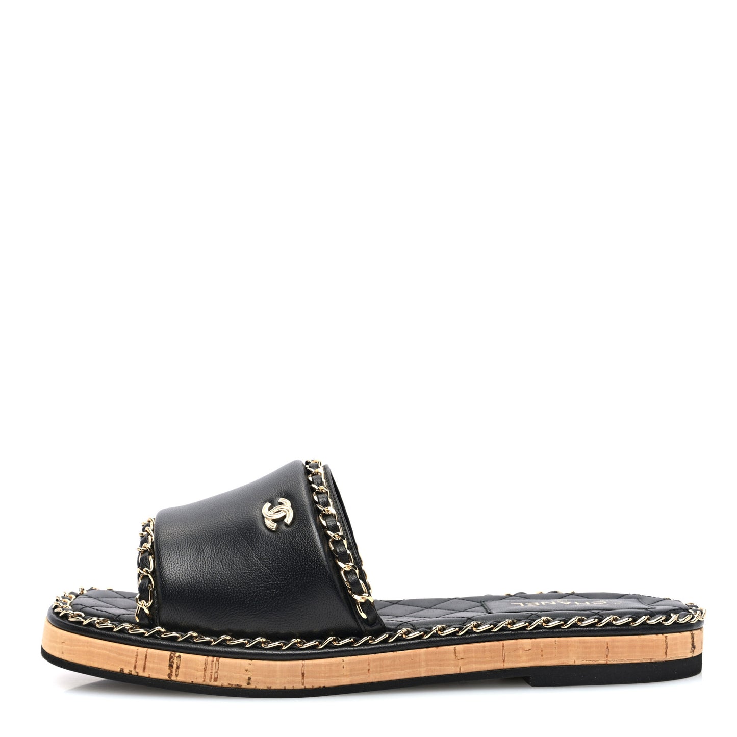 Lambskin Chain Cork Slide Sandals 39 Black