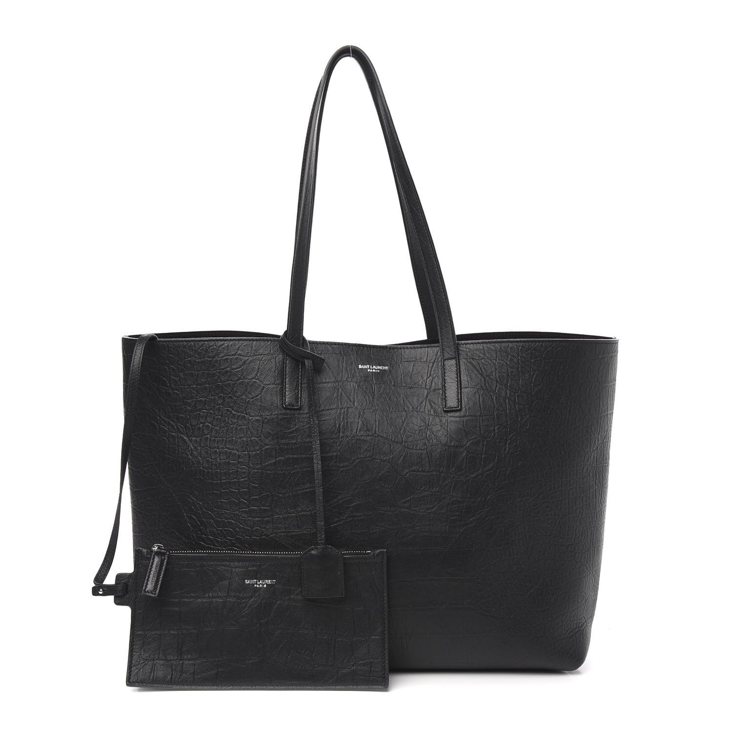 Calfskin Crocodile Embossed Large Shopper Tote Black