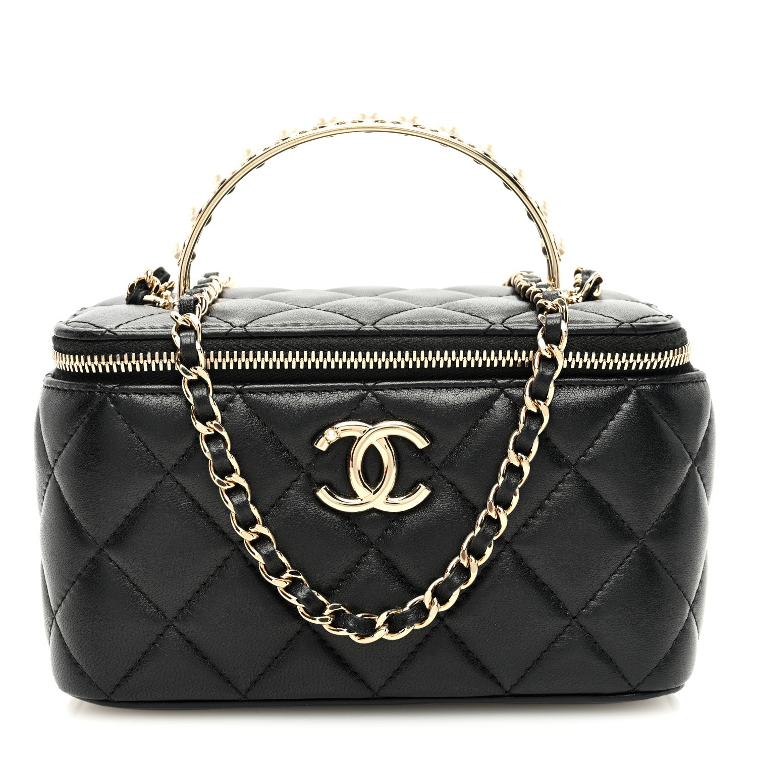 Chanel Lambskin Quilted Small Pearl Top Handle Vanity Case With Chain Black 1 of 10
