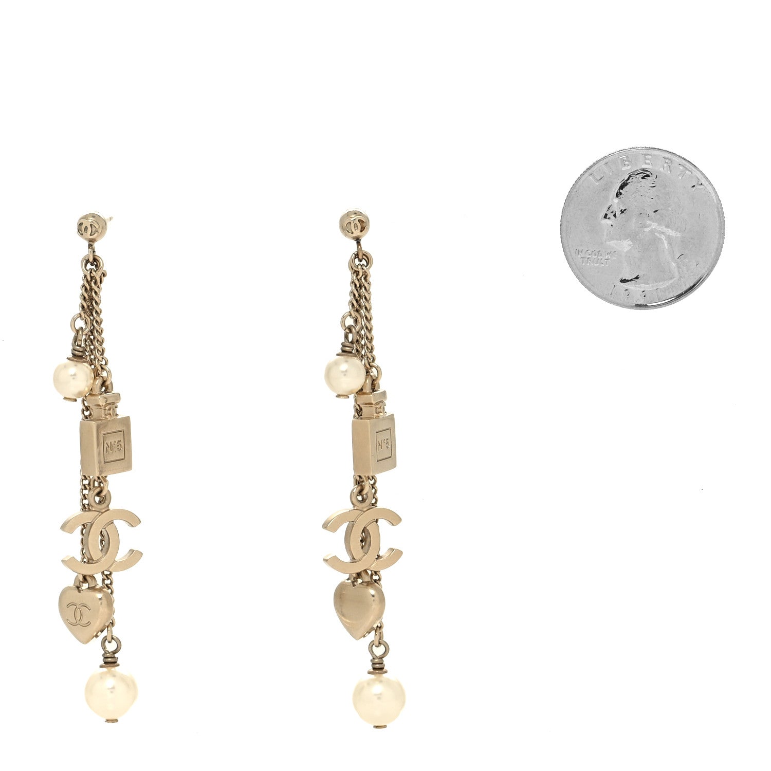 Chanel Metal Pearl Chain Charm Drop Earrings Gold 2 of 4
