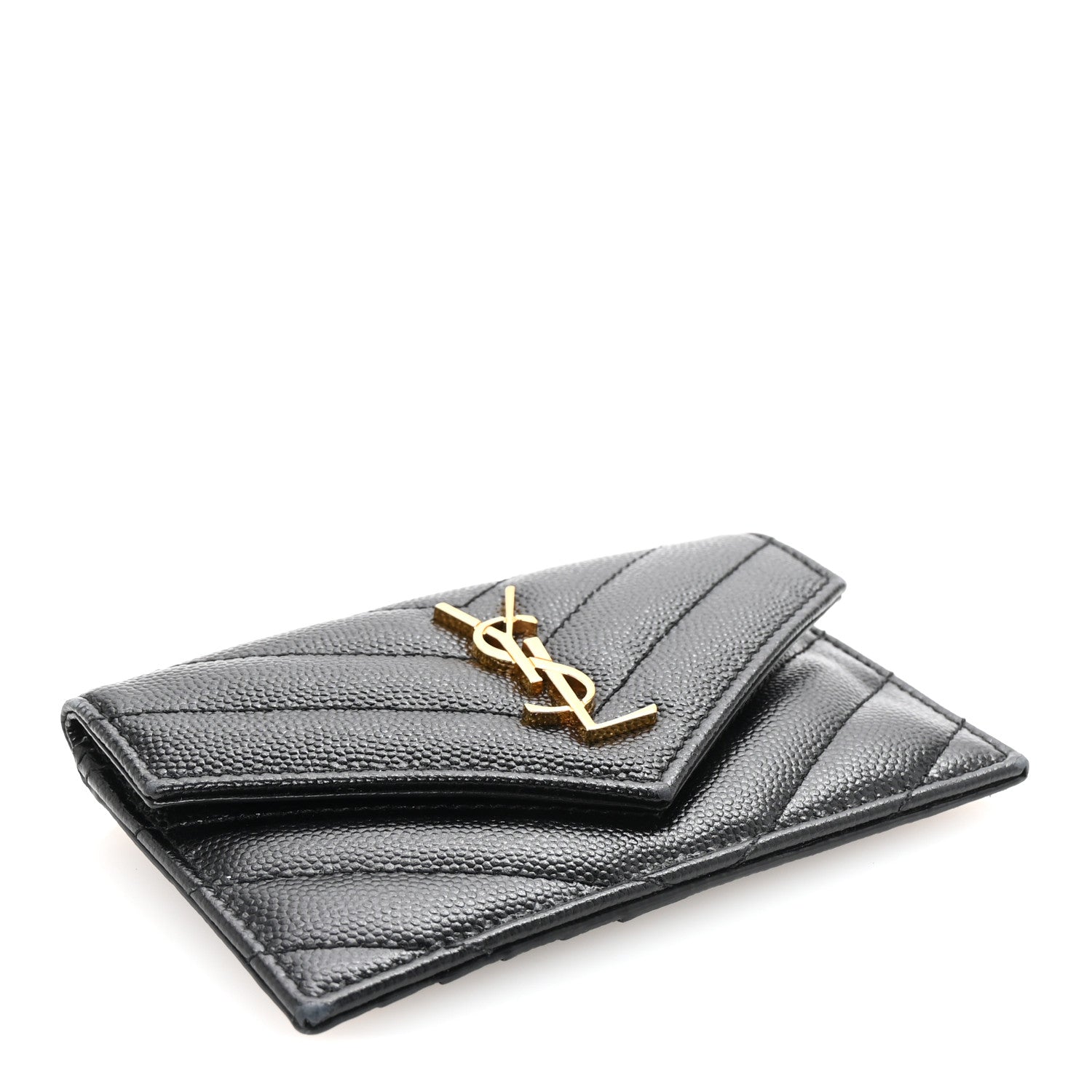 Saint Laurent Grain De Poudre Matelasse Chevron Monogram Compact Wallet Black 4 of 7