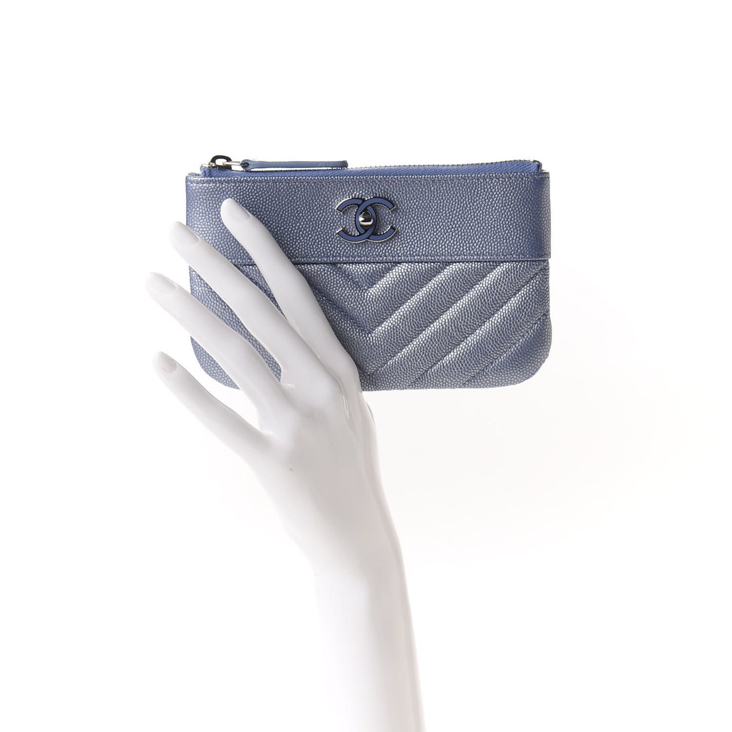Metallic Caviar Chevron Quilted Small Vintage Mademoiselle Cosmetic Case Blue