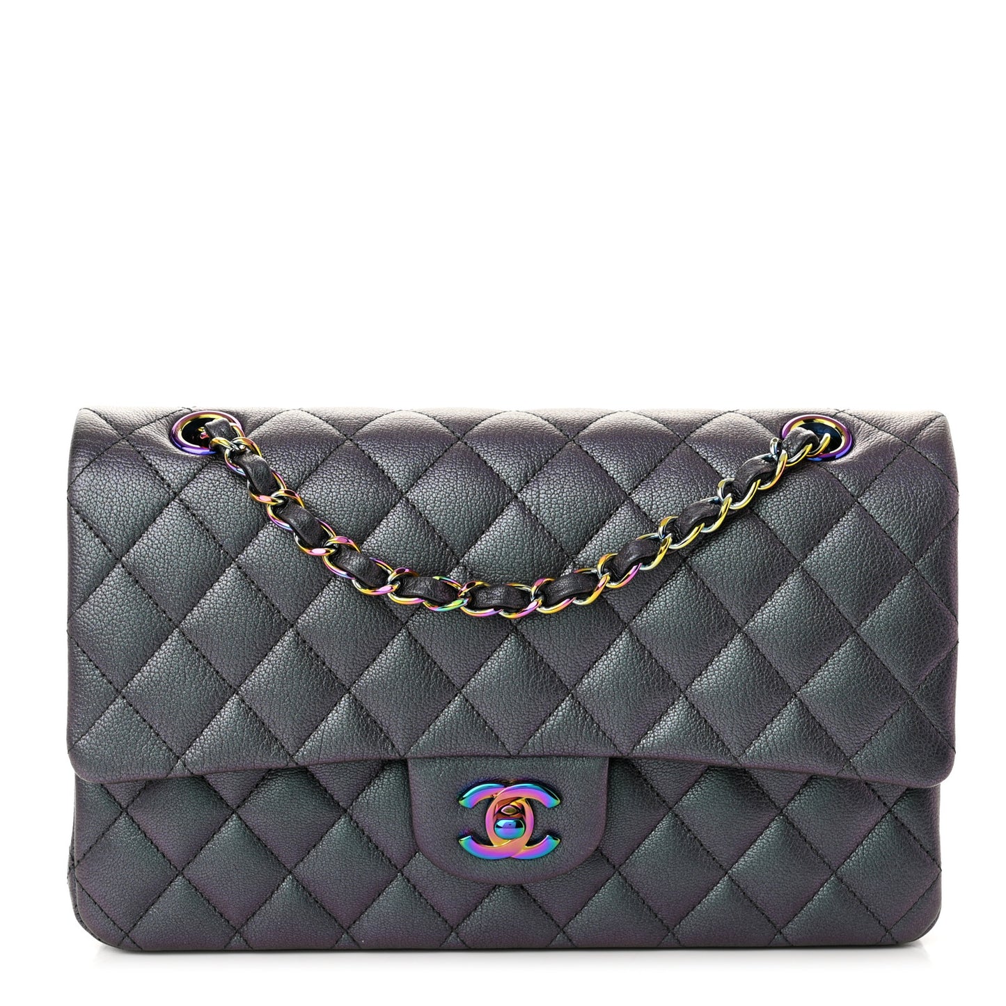 Iridescent Goatskin Quilted Medium Double Flap Purple