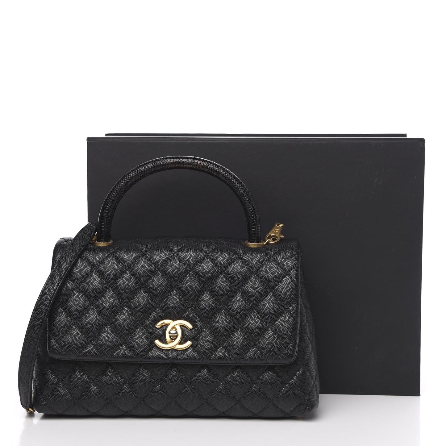 Caviar Lizard Embossed Quilted Small Coco Handle Flap Black